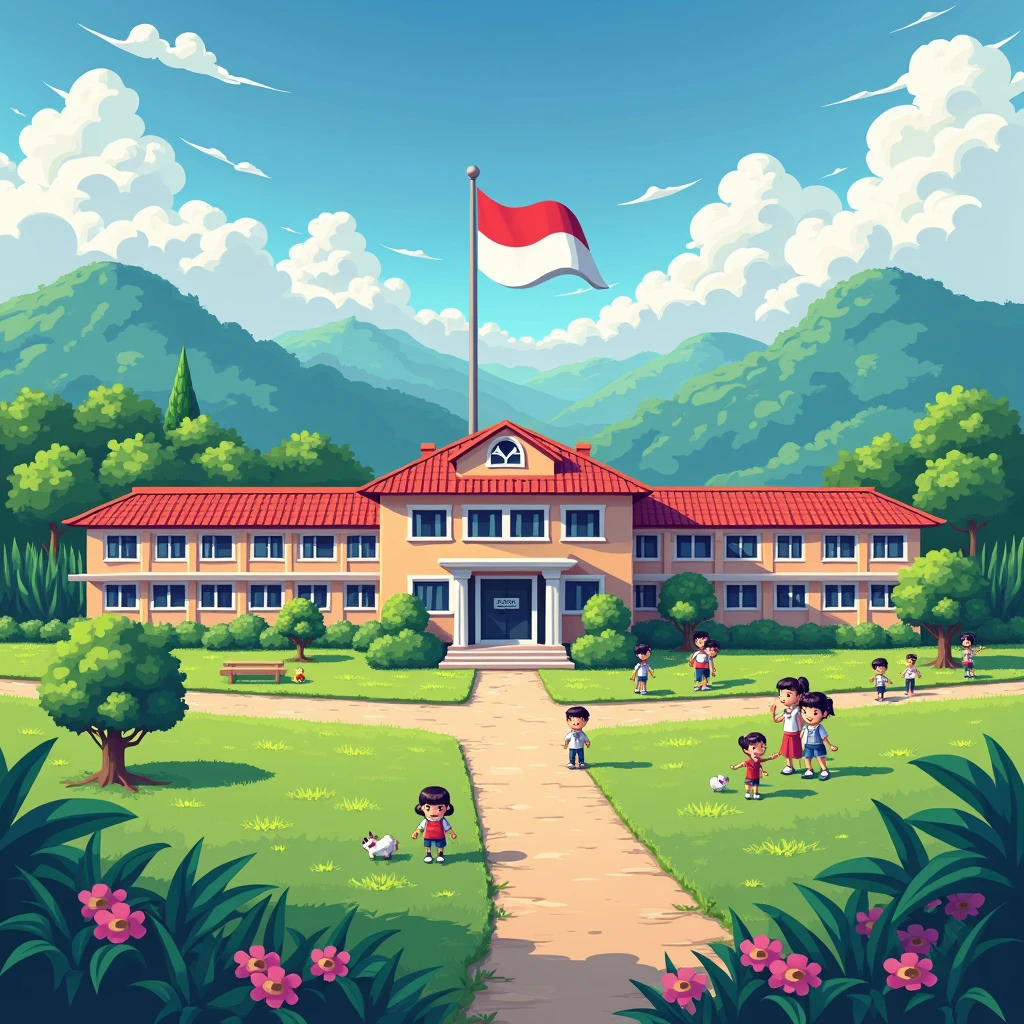 elementary school with green grass with Indonesian red and white flag,pixel art,3d wallpaper pixel art 4k,detailed amazing pixel art,pixel art,detailed unreal machine pixel art