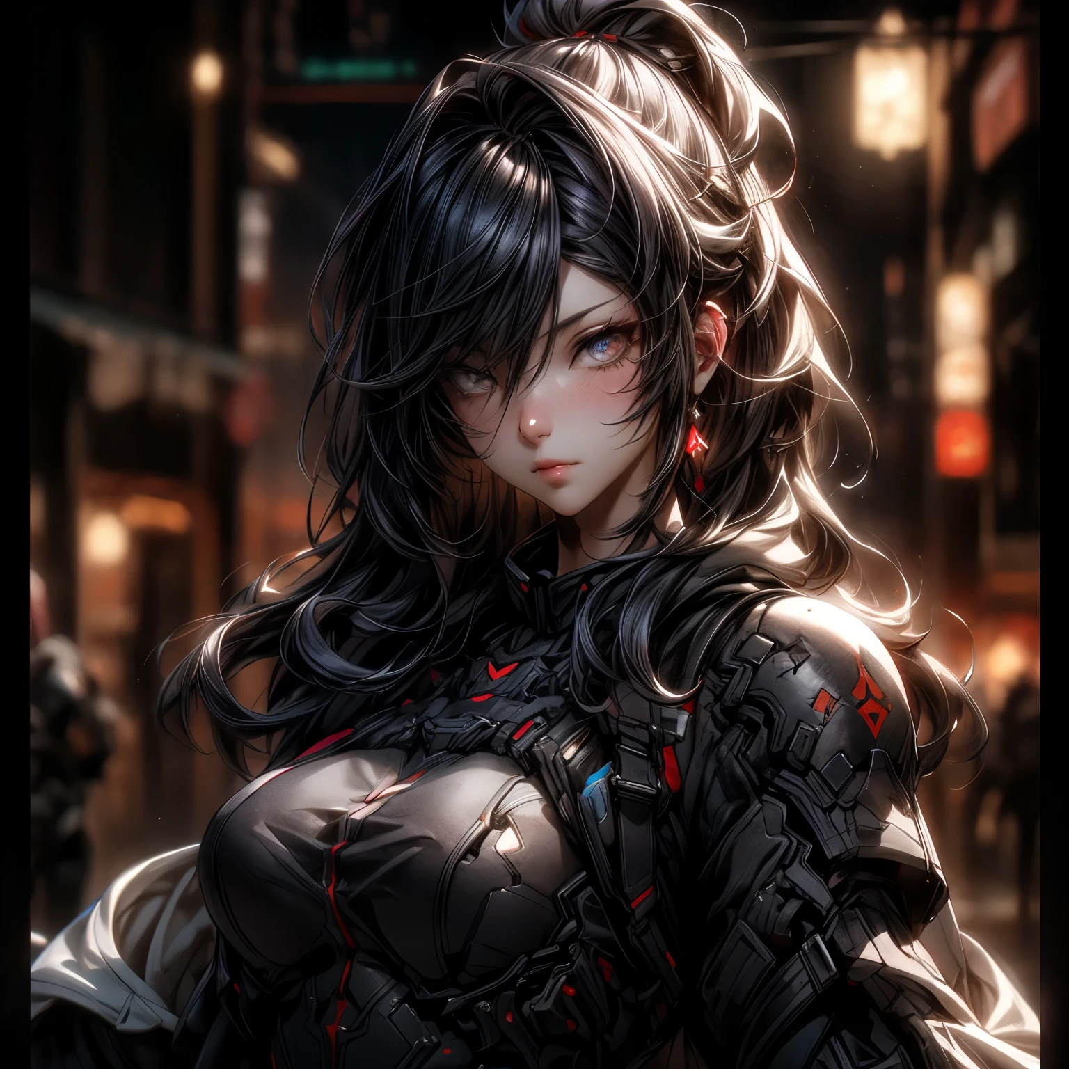 (best quality)), ((Masterpiece)), (details:1.4), 3d, HDR (high dynamic range), an image of a beautiful cyberpunk female, Cyberpunk, Fantasy, Coffee hair, Long hair, Beautiful White eyes, จมูกโด่ง, ปากแดง, หน้าอกใหญ่, nvidia RTX, PBR surface, After processing, Anisotropic filtration,depth of field, Maximum clarity and clarity, multi-layered surface, Subsurface scattering, perfect proportions, 8K raw files, ultra detailed, Perfect proportions, volumetric lighting, soft lighting, Holy Paladin, Heavy Black Armor, Red dress, glossy skin, intricate Silver embroidery, Army background, jewely, ต่างหู, นิ้วมือสมบูรณ์, Mask