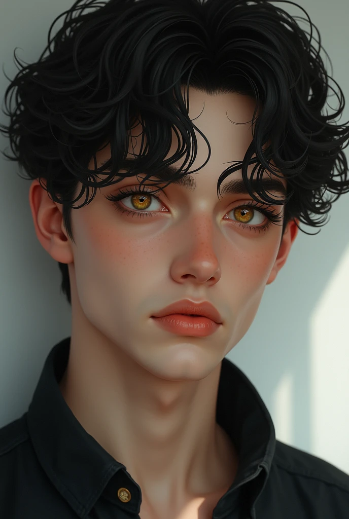 Young man with short curly dark hair and golden eyes