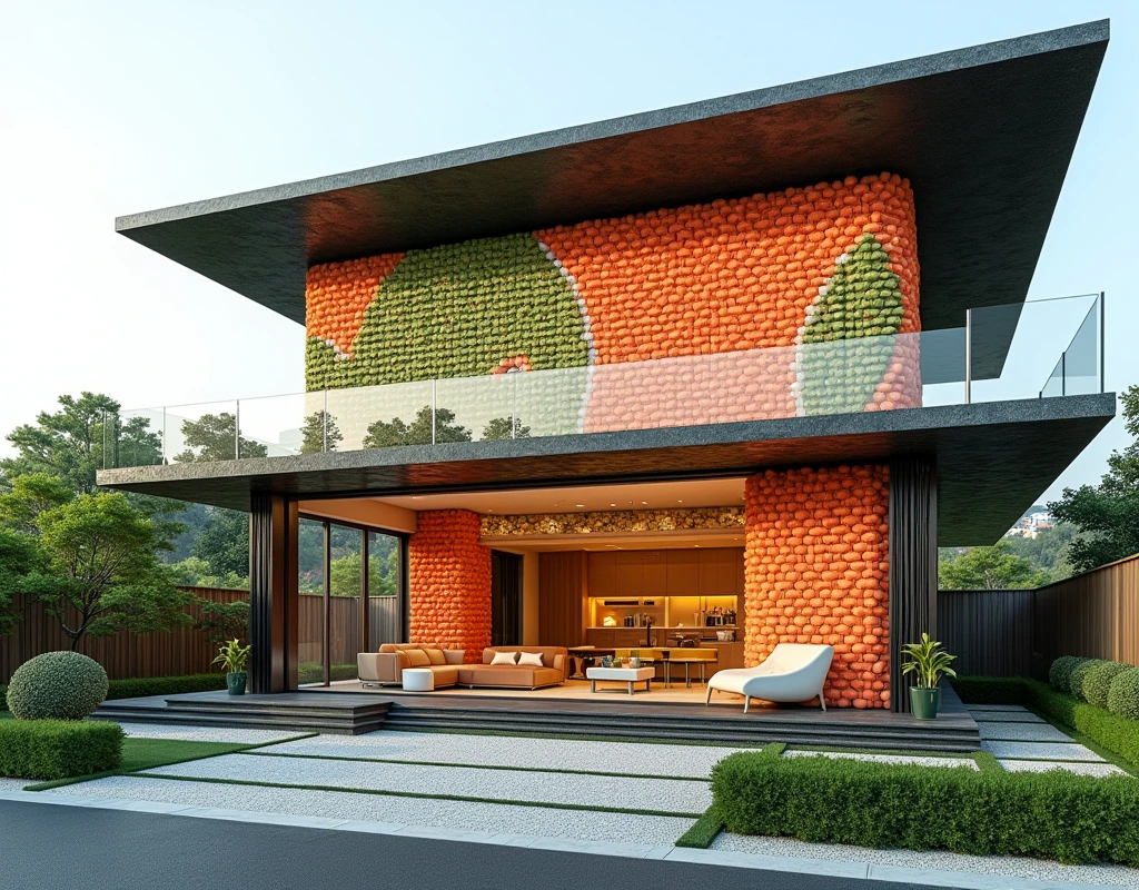 "Envision a sleek, modern house where every architectural element is creatively constructed from sushi. The exterior walls are built from layers of tightly packed sushi rolls, with vibrant fillings of salmon, avocado, and cucumber creating a striking mosaic pattern. The roof is crafted from overlapping sheets of seaweed (nori), forming a sleek, dark canopy that contrasts beautifully with the bright, colorful walls.
The entrance features a grand door made from a single, large piece of tamago (sweet omelette) sushi, with a handle fashioned from a spiral of sushi roll. Windows are framed with transparent rice paper, allowing soft, diffused light to filter into the rooms, creating an inviting and serene atmosphere.
Inside, the floors are made from smooth, polished rice, with pathways delineated by rows of delicate sashimi pieces. The living room features a minimalist design, with sofas and chairs crafted from large, cushioned sushi rolls, their surfaces adorned with intricate patterns made from slices of tuna, eel, and avocado. A low coffee table is built from stacked sushi pieces, topped with a clear slab of rice paper to create a sleek and functional surface.
The kitchen, a centerpiece of the home, continues the sushi theme with countertops made from solid blocks of pressed rice, cabinets constructed from sturdy maki rolls, and appliances designed from sushi-inspired materials. The stove is a creative assembly of charred rice pieces, while the sink is a deep bowl of carved-out nigiri sushi, complete with a faucet made from twisted cucumber slices.
The dining area features a long table made entirely from layers of sushi, with individual plates crafted from flattened sushi rolls. Chopsticks serve as the dining utensils, and seats are made from cushioned sushi rolls, offering both comfort and a continuation of the thematic design.
Upstairs, the bedrooms feature beds made from large futon-style sushi rolls, with blankets and pillows formed from layers of nori and ric