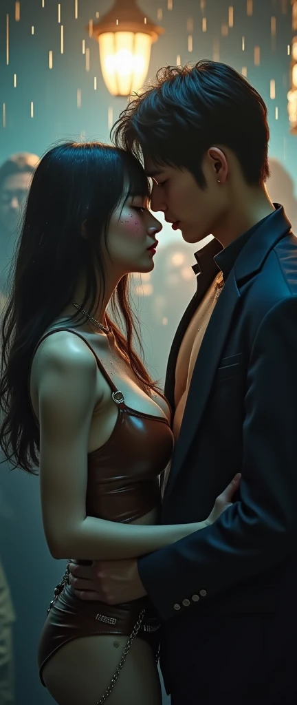 (32K:1.9, Horror expression:1.9, Highest quality, masterpiece, Ultra-high resolution), Perfect dynamic composition, Highly detailed skin and facial textures:1.3, Detailed eyes, Detailed limbs, (The Darkest Dungeon:1.3), Light brown leather clothing:1.6, Cute sexy slim Japanese woman:1.2, Fair skin, Tilt your head, (5 Zombies:1.8, Crazy behavior:1.7, Zombie touching a woman:1.9, Raindrops falling from the ceiling:1.5), (Her big breasts are about to burst., areola is not visible, Big cleavage), (A look of despair:1.3, Expression of despair:1.3, Totally captivates you), Beautiful Blue Eyes, Beautiful erotic eyes, Sexy Face, blush, Beautiful sensual atmosphere, Professional random camera work, ((Bloody:1.9, Covered in scars:1.9, Bruises on the face:1.9, Covered in bruises:1.9, Lots of big chains:1.8, Countless chains tangled in clothes:1.8, Chain your right arm:1.8, Chain the left arm:1.8, The right leg is bound with a shackle and chain:1.8, The left leg is bound with a shackle and chain:1.8)), ((Endless chains invade:1.8)), (Too erotic)