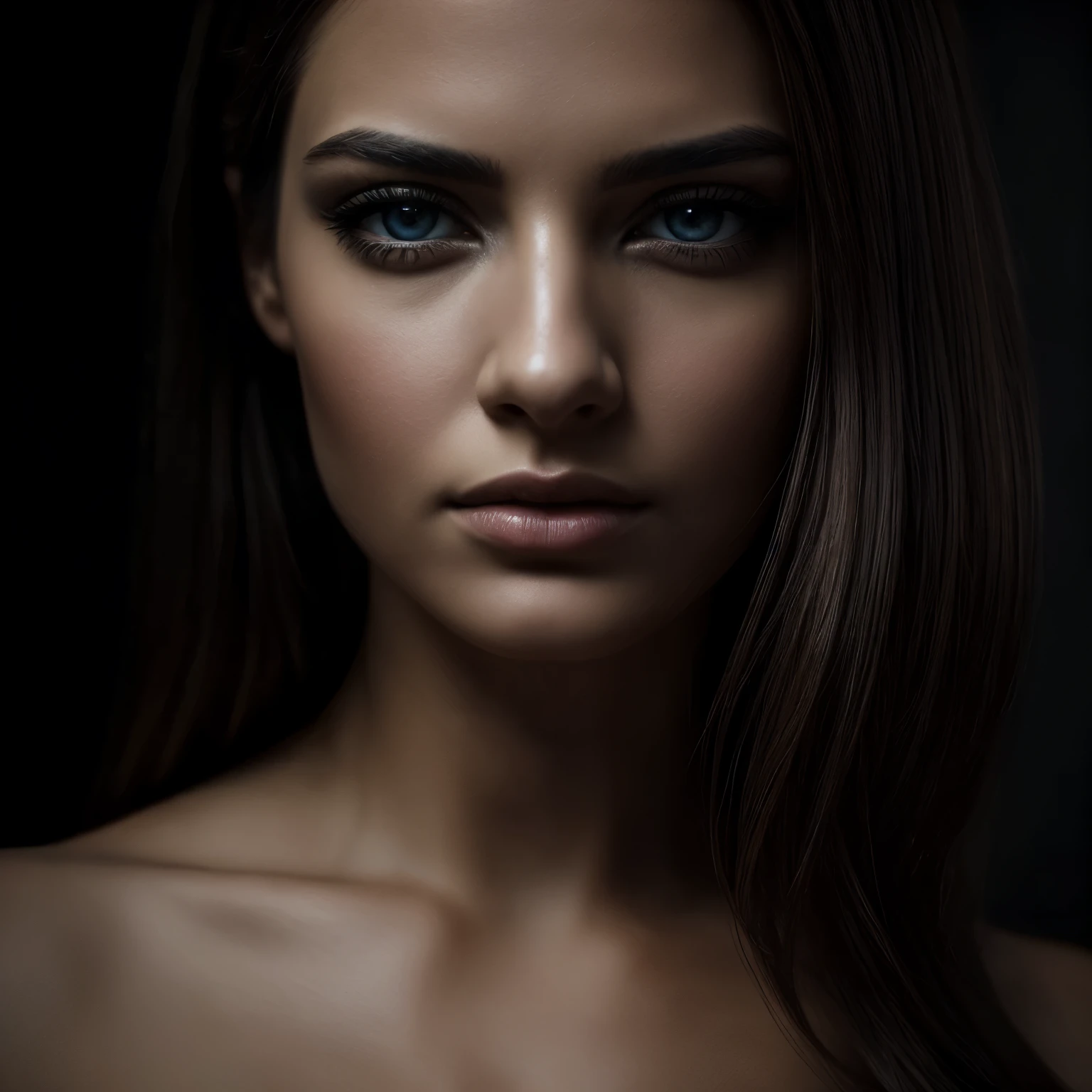 intricate portrait of a pensive woman,beautiful detailed eyes,beautiful detailed lips,extremely detailed eyes and face,longeyelashes,elegant woman,mysterious expression,dramatic lighting,chiaroscuro,moody atmosphere,cinematic,painterly,vibrant colors,dynamic composition,(best quality,4k,8k,highres,masterpiece:1.2),ultra-detailed,(realistic,photorealistic,photo-realistic:1.37)
