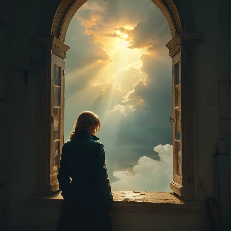 A scene where the person is looking out of a window, with a stormy sky outside, symbolizing the difficult period they're going through, but with a ray of sunlight breaking through, representing hope and the support they're seeking.