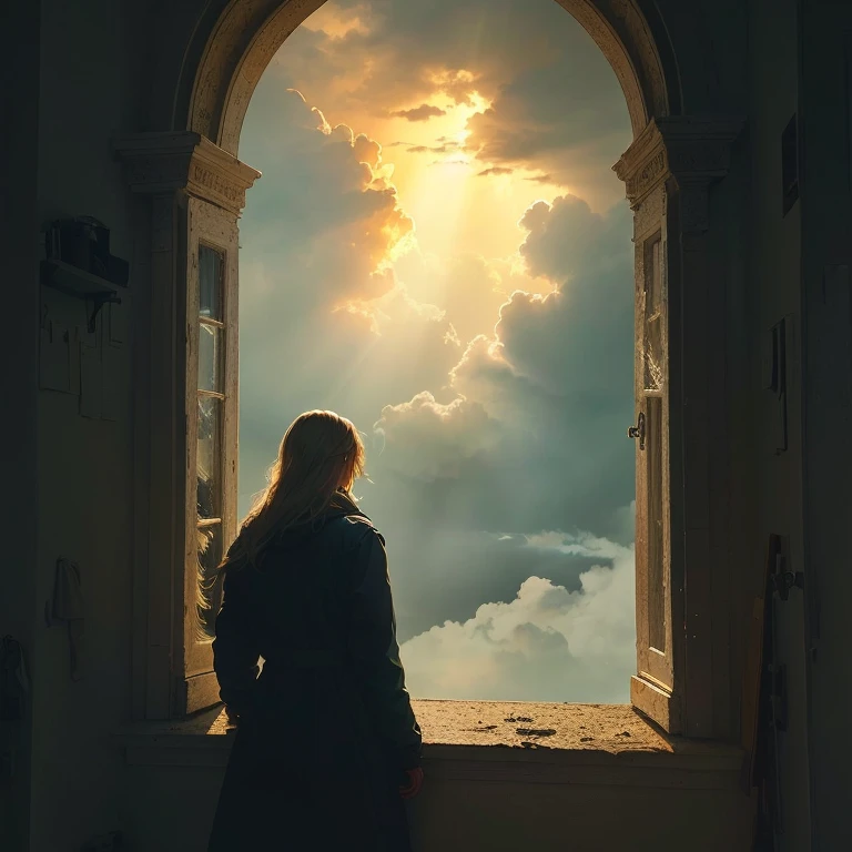 A scene where the person is looking out of a window, with a stormy sky outside, symbolizing the difficult period they're going through, but with a ray of sunlight breaking through, representing hope and the support they're seeking.