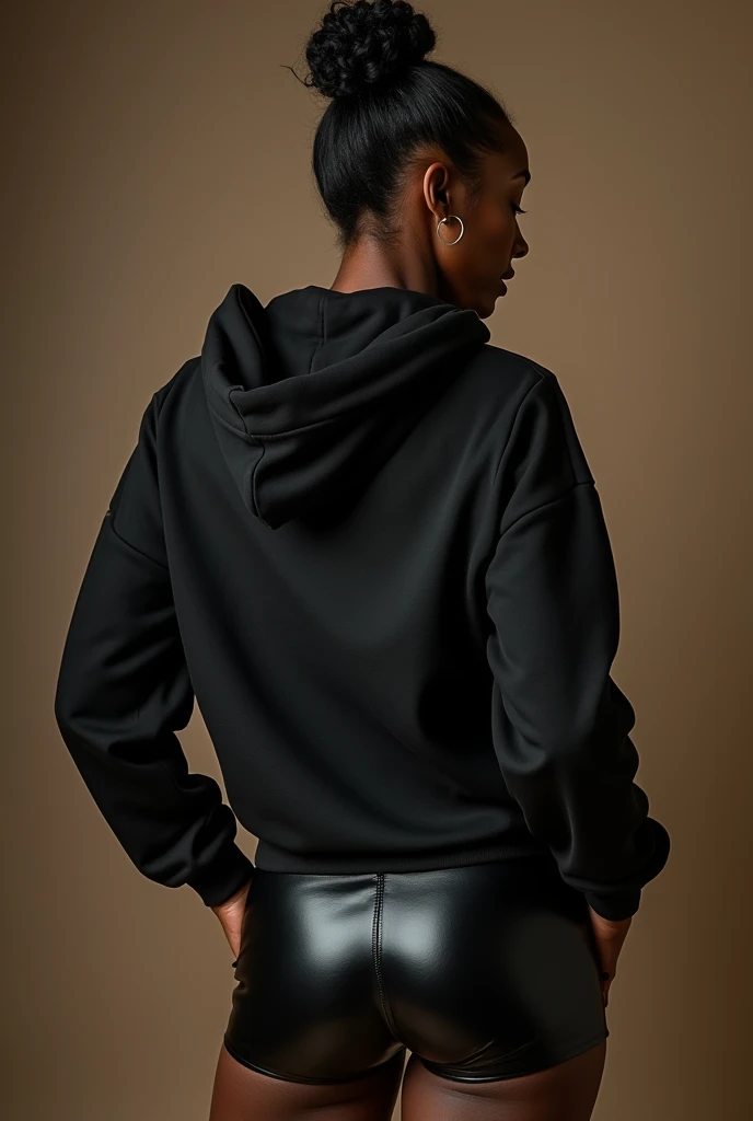 black woman hair in a bun black hoodie black leather short shorts being fucked in the ass by a old grandma in a dress