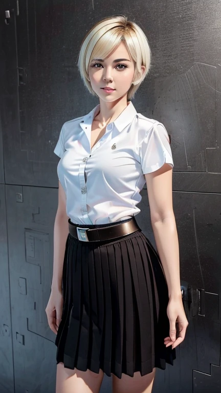 Pretty thai woman blonde short hair  , tomboy , (8k, best quality, masterpiece, ultra highres:1.2) Photo of Pretty thai woman beautiful, beautiful enchanting fashion contemporary painting with , (1girl), (white shirt short sleeves), ((black long pleated skirt )), belt , realistic skin texture , round chin, 85 mm art lens, f 1. 2, sharp focus, 8 k high definition, insanely detailed, intricate, elegant , mid breasts , long pleated skirt black skirt 