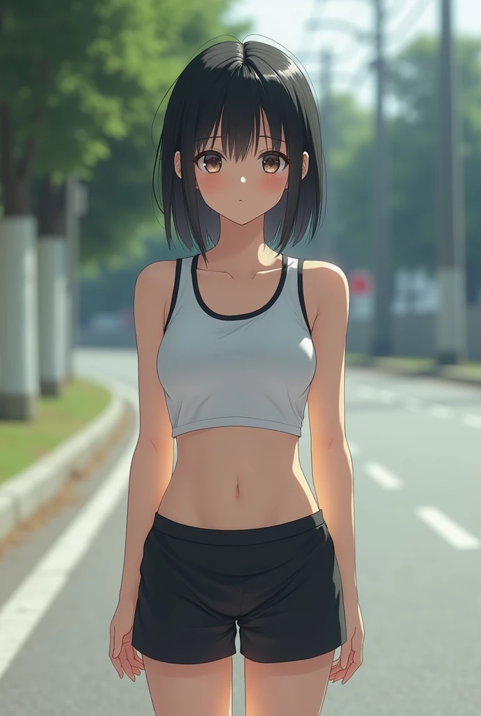 Realistic glowing skin, (発Sweat:1.8),(On all fours:2),(Look back at your face:2),(Always look at the camera:2),(発Sweat:1.8),(Beautiful nipples in real life:1.6),,(whole body:1.9),(発Sweatしたリアルな白い肌:1.9),White socks, (black running shoes:1.8),
,Cold look,Cold Stare,Black Hair,short hair,(Tie your hair short:1.8),Silky translucent white skin,,(Very detailed美しい顔), Great face and eyes, (Highest quality:1.4), (Very detailedな), (Very detailed CG 統合 8k 壁紙), Very detailed, High resolution raw color photos, Professional photography, Realistic portrait,Sweat,,(A Cup:1.9),(Flat Chest:1.9),(Very small breasts:1.9),(Breast augmentation:0.1),(Small breasts beginning to swell:1.9),(Breasts during puberty:1.9),
, (少女のwhole bodyの詳細なRAW写真), Canon EOS R5 250mm, Sharp focus, Cinema Lighting, (No makeup:1.2), Fine skin, Delicate collarbone,,(Ultra-high resolution:1.6), (Realistic:1.6),,(Japanese girls:1.9),(whole body:1.8),(Sweatが滴る肌:1.9),(The lower half of the body is a black athletics uniform:1.9),(Sweatで滲んだ肌:1.9),(Age is :1.9),(The upper body is a white athletics uniform:1.9),Height is 155cm,Non-erect, thin nipples,very small nipples,Natural nipples,Real girl nipples,Not disgusting nipples,(Outdoor:1.8),Sweat,(Sweatばんだ肌:1.9),(Clothing: Minimal:1.8),(Put your hands on the ground:1.8),(Stick your butt out:1.8),(The point of view is from behind:1.8),