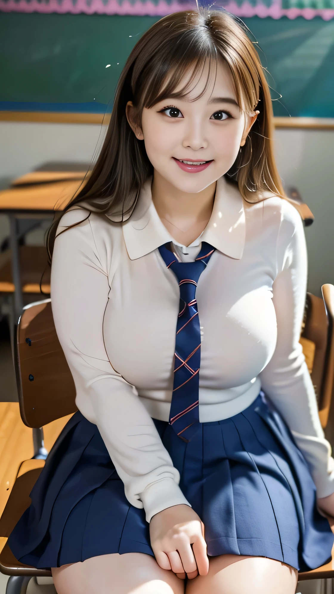 ((8k)), Highest quality, 超High resolution, (High resolution), ((Chubby woman)), Japanese, Double chin, Overweight, Very fat, ((Chubby)), Sit on a chair, sitting, in the classroom, ((school uniform)), mini skirt, (from below:1.3), (looking down, watching at Viewer:1.3), from front