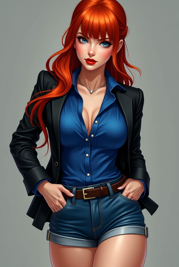 Redhead Woman with Big hips, blue shorts, black jacket and blue shirt with side fringe ponytail