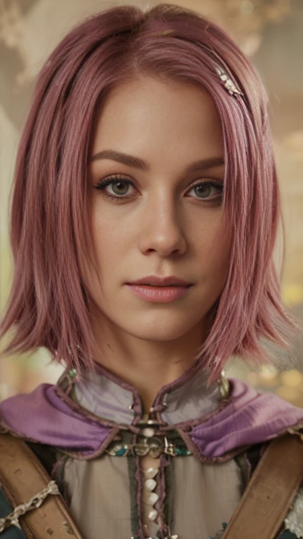 A close-up of a woman with pink hair and a purple cape, close-up character portrait, Close-up of character portrait, Painted character portrait, fantasy character portrait, Detailed Matte Fantasy Portrait, portrait of baldur's gate character, Detailed character portrait, portrait gentleman woman, digital fantasy portrait, close up character art, biblical woman android, fantasy character portrait, Portrait of humanoid woman