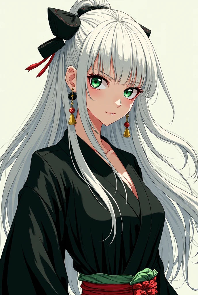 Adult manga woman long white hair with a long bell earring, green eyes dressed in black kimono badass. hair without bangs