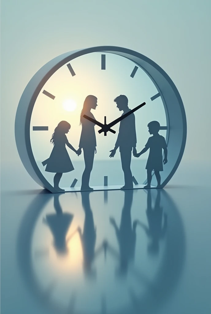 A clock image in the center with a reflection of a family spending time together with a gray clock background and a blue family shadow image,