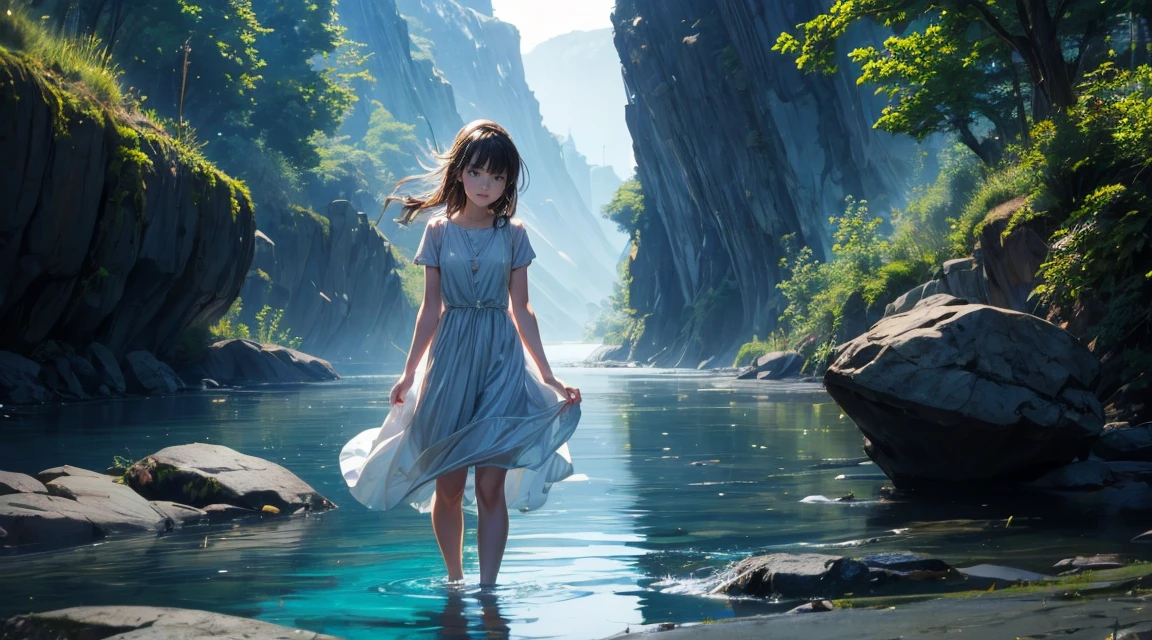 A girl dipping her feet in the shallow water of a river lifts the hem of her dress、A scene of lightly soaking the feet。I smile as I feel the coldness of the water.。Makoto Shinkai style