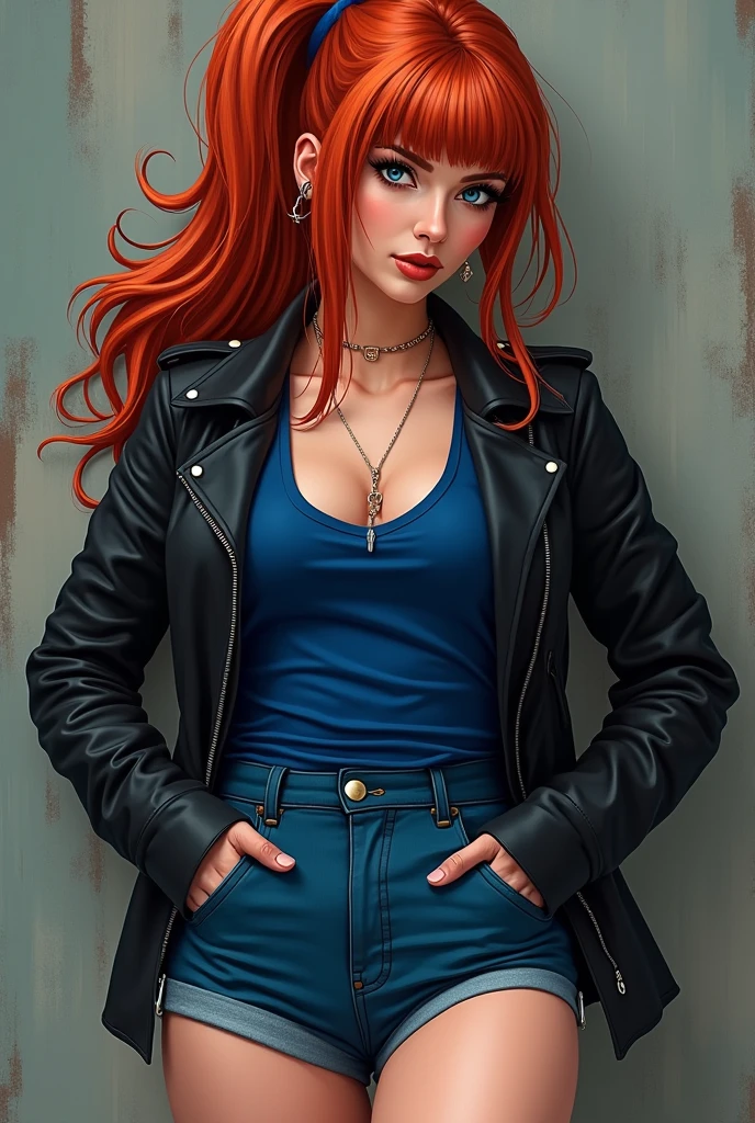 Redhead Woman with Big hips, blue shorts, black jacket and blue shirt with side fringe ponytail