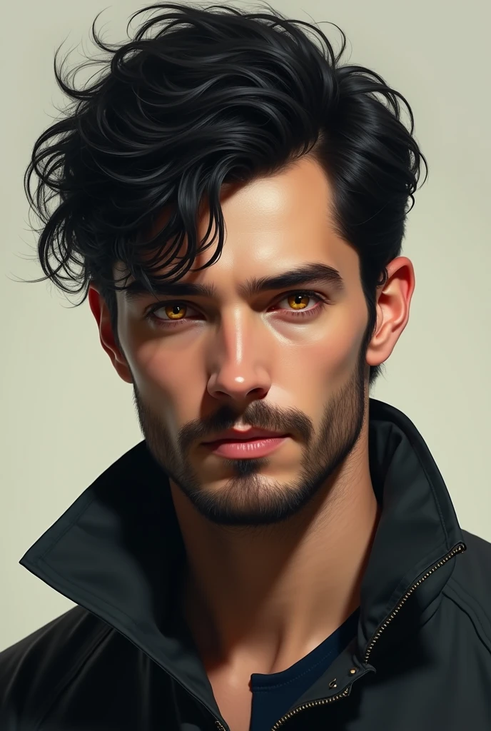 Young man with short curly dark hair and golden eyes and beard collar