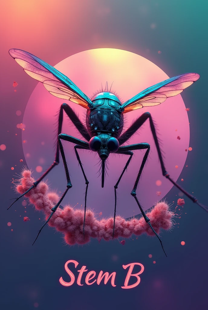 create a beautiful lay out like image good for messenger group picture, i want it to be a beautiful mosquito or lamok in filipino (the mosquito should be looking in front like 4d dimension), then a text below "STEM B" name of the group, should be visible and beautifully written, the shape should be a circle exactly for profiles, use beautiful colors such as purple pink yellow green, vibrant, DON'T FORGET THE "STEM B" BELOW, make it slightly realistic looking