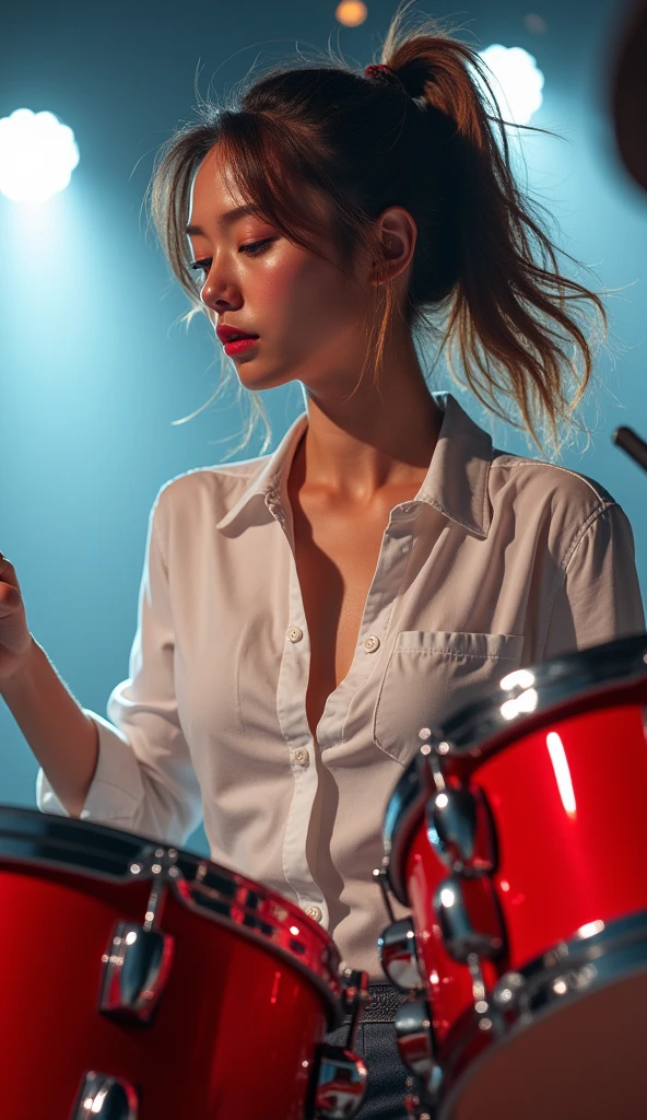 Realistic, Japanese women, drummer, Playing the red drums, rock band, On the concert stage, Brightly lit by stage spotlights, Very bright lighting, white light lighting,Wearing a white shirt, Medium length light brown hair, ponytail, Hair blowing in the wind, Her hair is messy and unkempt.., beautiful, White and translucent skin, Sweat splash, Charming person, Very large breasts, Show me my skin, Natural Makeup, Small Nose, Smooth jawline, Glossy face, Blushing cheeks, 大きなsmile高解像度, Anatomically correct, Highest quality, Very detailed, Attention to detail, Looking down, Cowboy Shot, vision, smile,enjoy,Wide-angle shot,