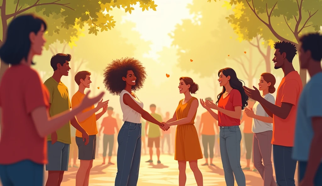 Background: A communal setting, like a park or community space, where people are interacting positively. The environment is filled with light, color, and a sense of togetherness, symbolizing the spreading of joy and positivity
Style: Illustrative with warm, welcoming colors and dynamic lighting that emphasizes connection and community. The atmosphere is joyful and inclusive, representing the ripple effect of caring for oneself.
Main Character: Engaging warmly with others, either through conversation, sharing a laugh, or helping out in a small way. They appear confident and at peace, radiating positivity. Their posture is open, and their expression reflects genuine happiness and connection, symbolizing how self-care enhances relationships and interactions with others.
