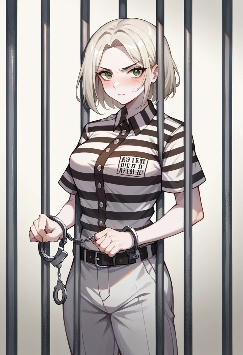 Transport belt, handcuffs, Prison uniform, （Striped black and white prison jumpsuit）, White skin、View your viewers, Severe, Frowning, blush, Are standing, Savage look、locked in a prison cell, high quality, masterpiece. Medium chest