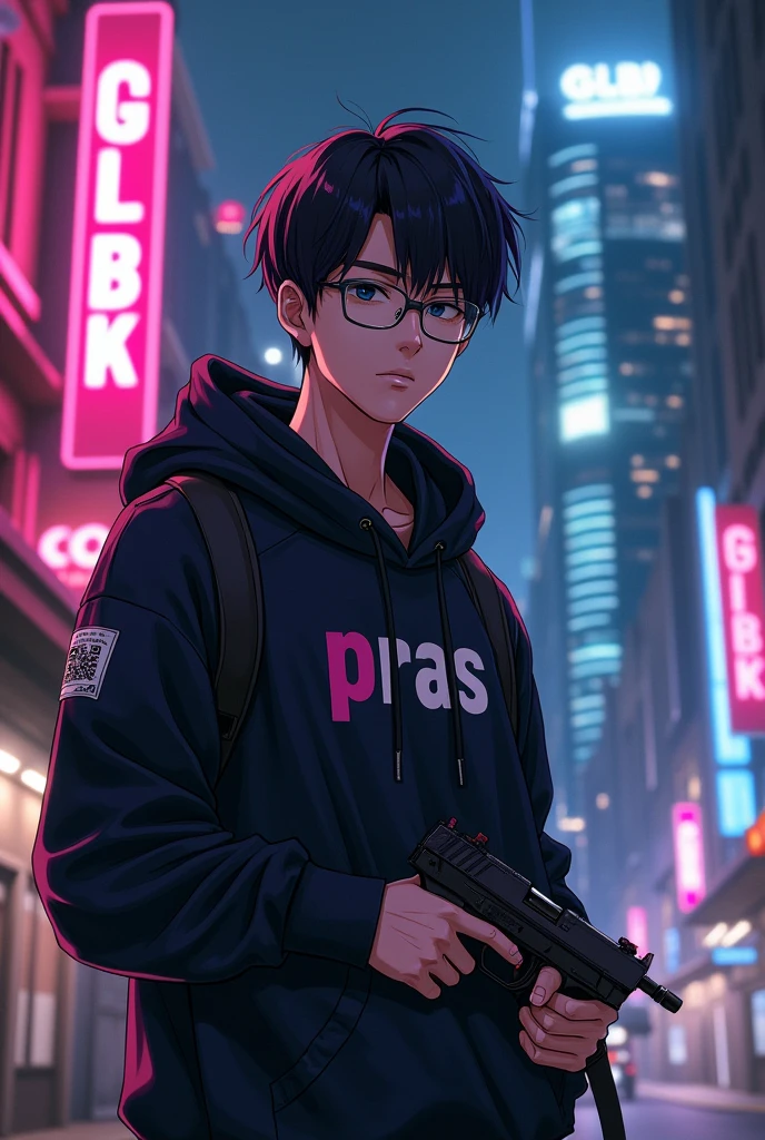 Create a character anime, {{background: capital text “GLBK”, night city}},
realistic, HDR, use glasses, handsome, korean style, full body, use pistol, age 20, hoodie HD text: “PRAS”