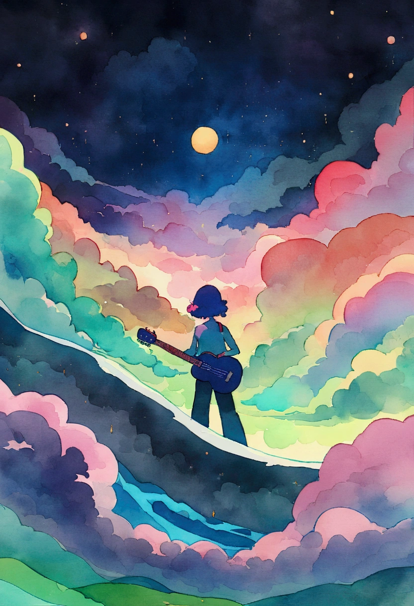 Night view hippie continue dreaming, Night Light,play the guitar， Neon scenery on a rainy day, Simulates a color theme, Lo-fi hip hop , review, flat,黒と Watercolor, Large slope, Watercolor, Gas Color, Studio Ghibli style, Vibrant colors, Outer Ton, Krautlock, Lofi Art,  Modern Era Style,Old Texture, amplitude,Psychedelic atmosphere, masterpiece, Technically sophisticated　♪