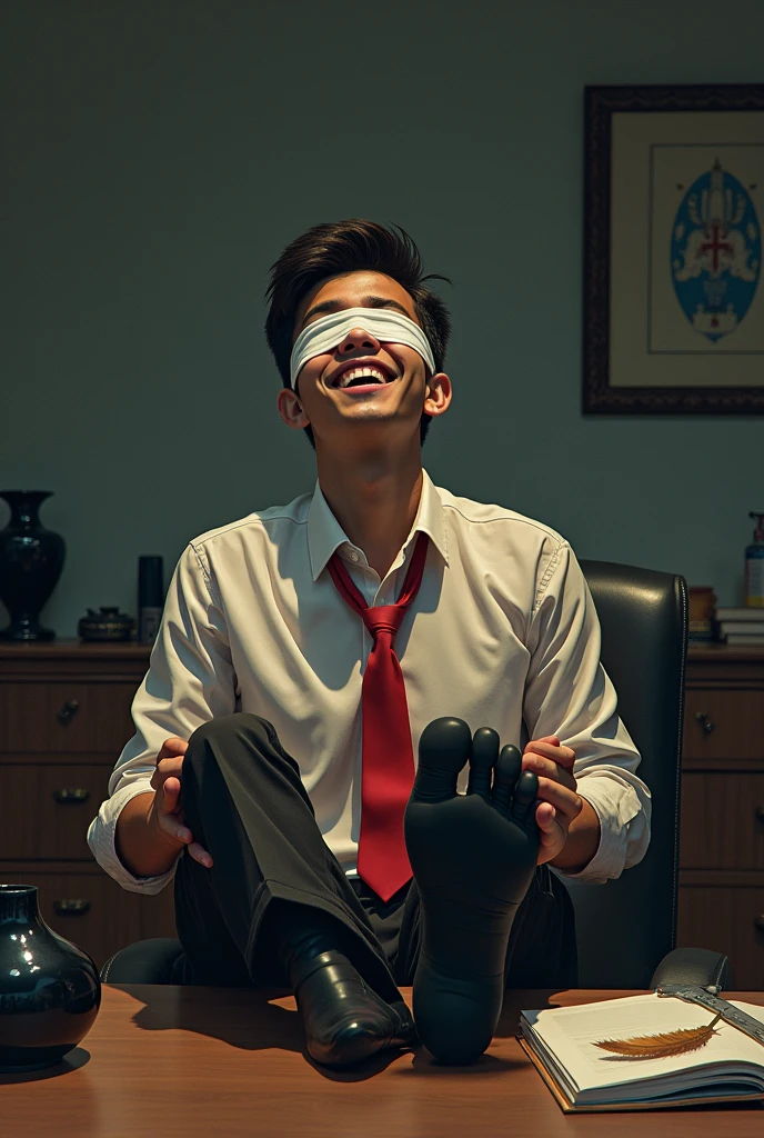 Malaysia malay handsome 21 years motocycle rider
His hand tied up in warehouse
Blindfolded
Black vase and Red tie
feet on desk
feather
shoes on desk
5 toes each feet
Black sock
Smock effect smelly sock
2 man holding feather tickle his feet
He laugh very hard
