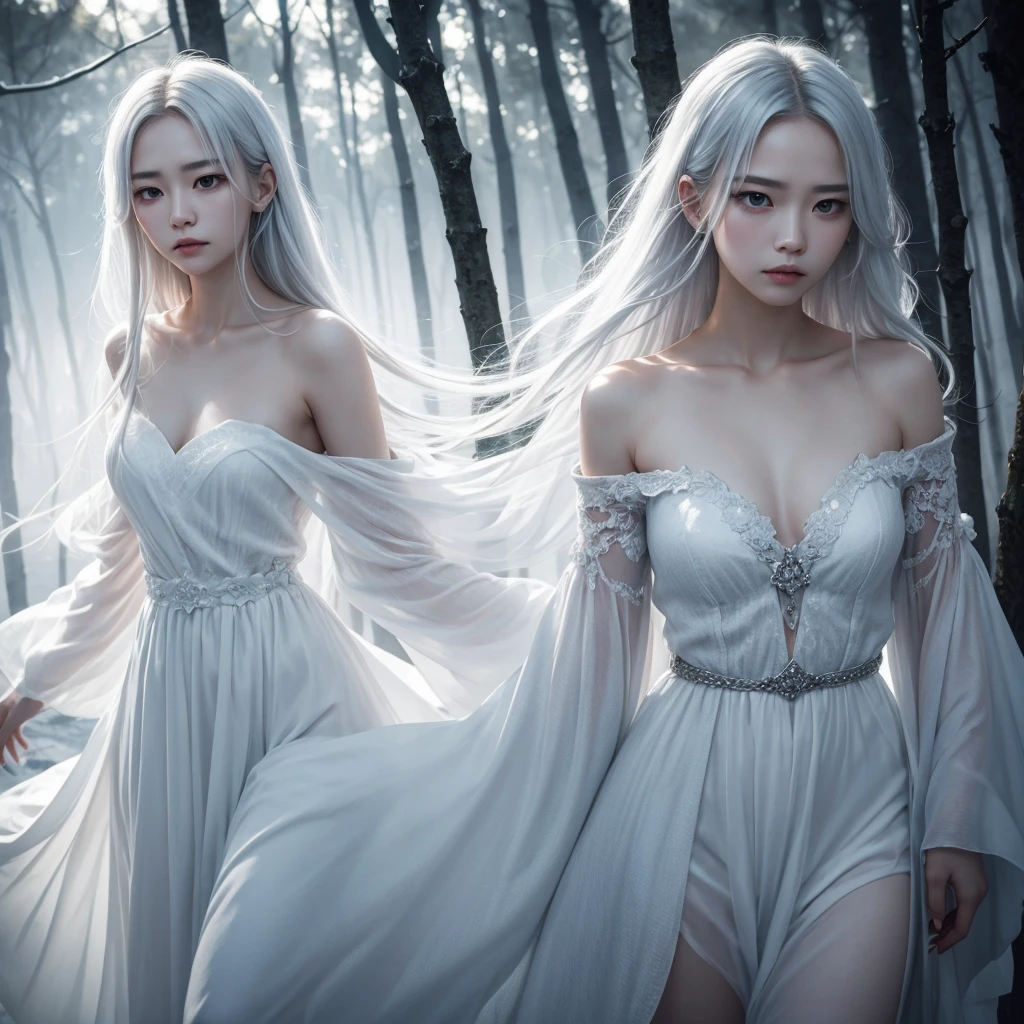 A woman with a cold and mysterious atmosphere、Standing in a dark, foggy forest。Her long white hair sways in the wind、It shines silver in the pale moonlight.。Her skin is as white as porcelain、It exudes a cold beauty、Her beauty has a sensual charm。Eyes are ice blue、He gives me a cold, emotionless look,、There's something seductive about that gaze.、There is a mysterious glow。She is black、Smooth as silk、She was wearing a thin silk robe.、The robe fits snugly to the body.、It accentuates her supple curves。From the slit in the robe、A glimpse of her long, smooth legs、It creates an enchanting atmosphere。Behind her、There stands an ancient stone altar、A pale light faintly leaks out from it.。The silence and coldness pervades the whole place.、Her mysterious yet、Emphasizing sensual appeal