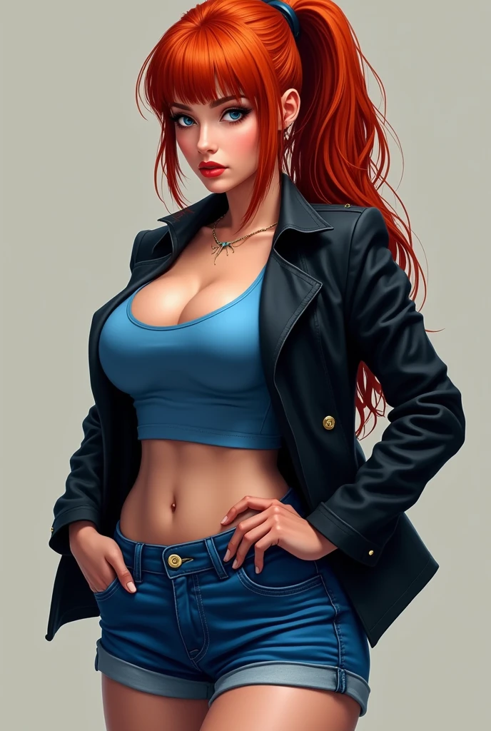 Redhead Woman with Big hips, blue shorts, black jacket and blue shirt with side fringe ponytail