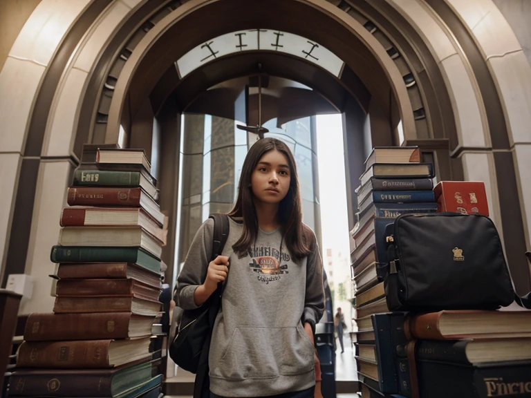 An image of a university student with a backpack filled with books, standing in front of a large clock, signifying the ticking time as they face the challenge of balancing studies and financial burdens.