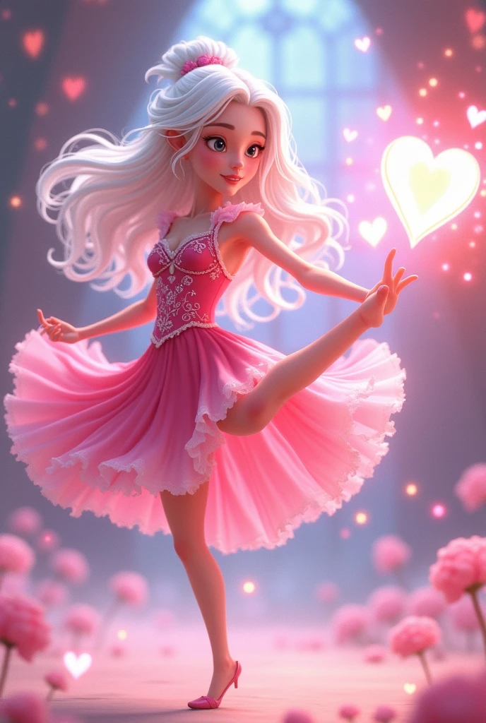 Animation, pink dress, magical, kick, sexy, girl, white hair, heart, pink