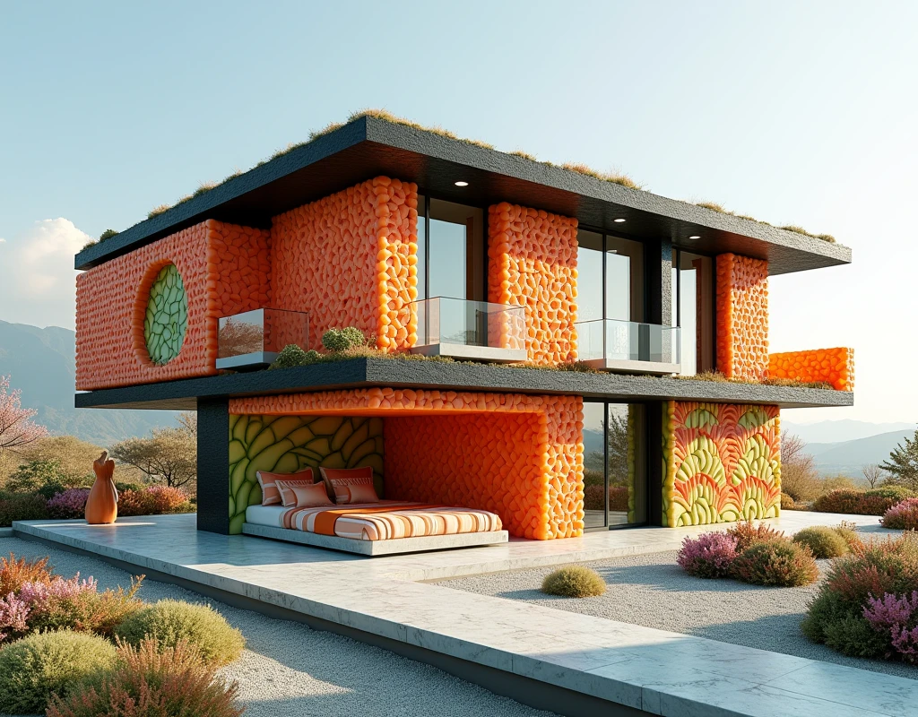 "Envision a sleek, modern house where every architectural element is creatively constructed from sushi. The exterior walls are built from layers of tightly packed sushi rolls, with vibrant fillings of salmon, avocado, and cucumber creating a striking mosaic pattern. The roof is crafted from overlapping sheets of seaweed (nori), forming a sleek, dark canopy that contrasts beautifully with the bright, colorful walls.
The entrance features a grand door made from a single, large piece of tamago (sweet omelette) sushi, with a handle fashioned from a spiral of sushi roll. Windows are framed with transparent rice paper, allowing soft, diffused light to filter into the rooms, creating an inviting and serene atmosphere.
Inside, the floors are made from smooth, polished rice, with pathways delineated by rows of delicate sashimi pieces. The living room features a minimalist design, with sofas and chairs crafted from large, cushioned sushi rolls, their surfaces adorned with intricate patterns made from slices of tuna, eel, and avocado. A low coffee table is built from stacked sushi pieces, topped with a clear slab of rice paper to create a sleek and functional surface.
The kitchen, a centerpiece of the home, continues the sushi theme with countertops made from solid blocks of pressed rice, cabinets constructed from sturdy maki rolls, and appliances designed from sushi-inspired materials. The stove is a creative assembly of charred rice pieces, while the sink is a deep bowl of carved-out nigiri sushi, complete with a faucet made from twisted cucumber slices.
The dining area features a long table made entirely from layers of sushi, with individual plates crafted from flattened sushi rolls. Chopsticks serve as the dining utensils, and seats are made from cushioned sushi rolls, offering both comfort and a continuation of the thematic design.
Upstairs, the bedrooms feature beds made from large futon-style sushi rolls, with blankets and pillows formed from layers of nori and ric