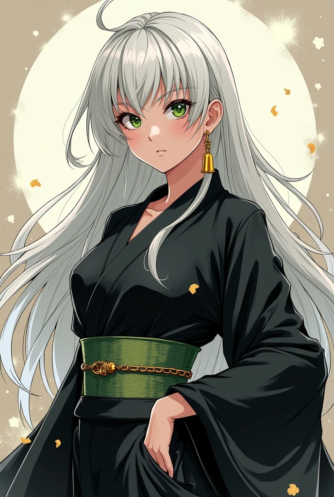 Adult manga woman long white hair with a long bell earring, green eyes dressed in black kimono badass. hair without bangs