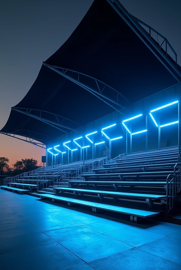 4 rows aluminium audience stadium bench without back post covered by one huge black fabric and decorated with blue LED strips.