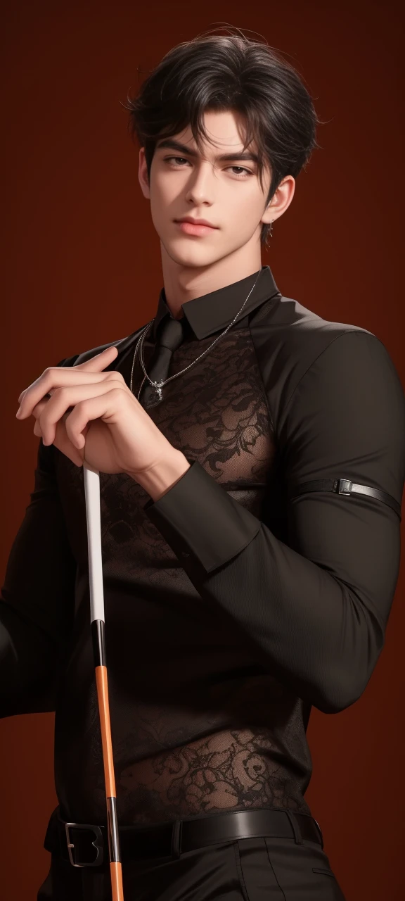 1 male handsome, high resolution 8k, adult, 2, perfect face, detailed face, muscular, black eyebrows, black eyelas, Detailed face, perfect face, real skin texture, detail Perfect hand, details, Real and complete hand details, unreal engine, hd picture, short hair, green to orange eyes, eye details, white skin, Zayne, love and deep space, bring a billiard cue