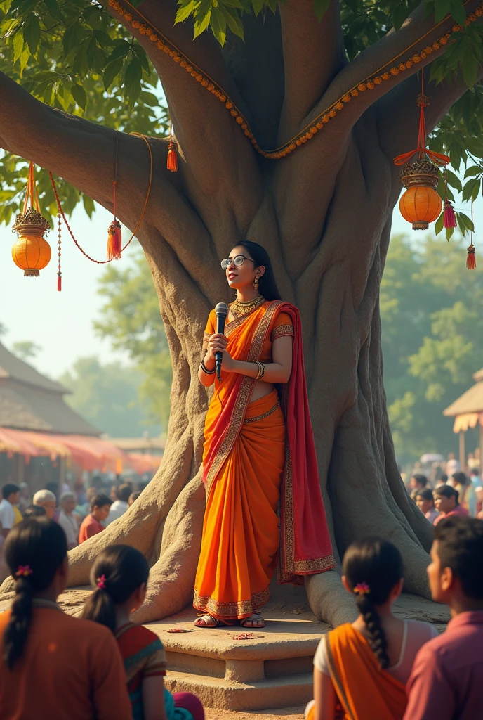 A female journalist wearing kurta salwar having microphone in her hand asking or public opinions under a tree on a raised platform of the village. There is a big tree on it and it is decorated with frills and lanterns. Few more people are there to listen it