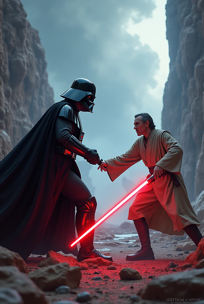 "A Star Wars picture where Darth Vader is fighting Obi-Wan, but instead of lightsabers, they are using joints in different colors."
