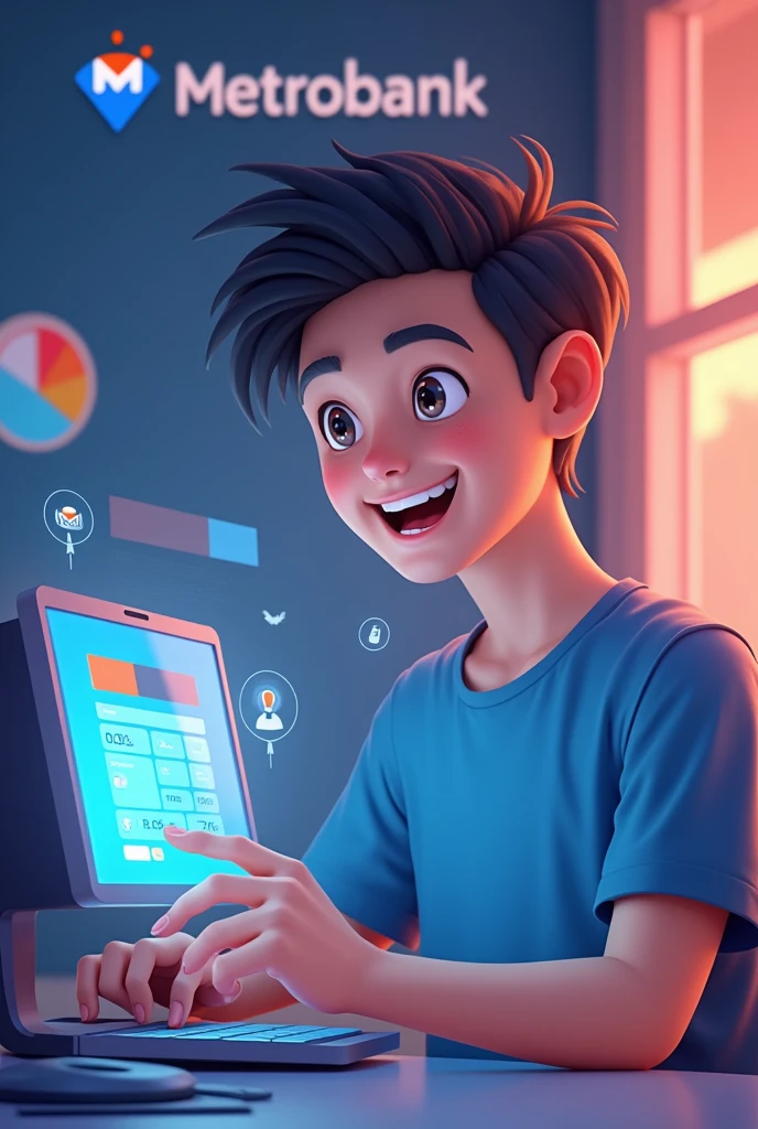 Can you create a cute boy that is using an internet banking, metrobank