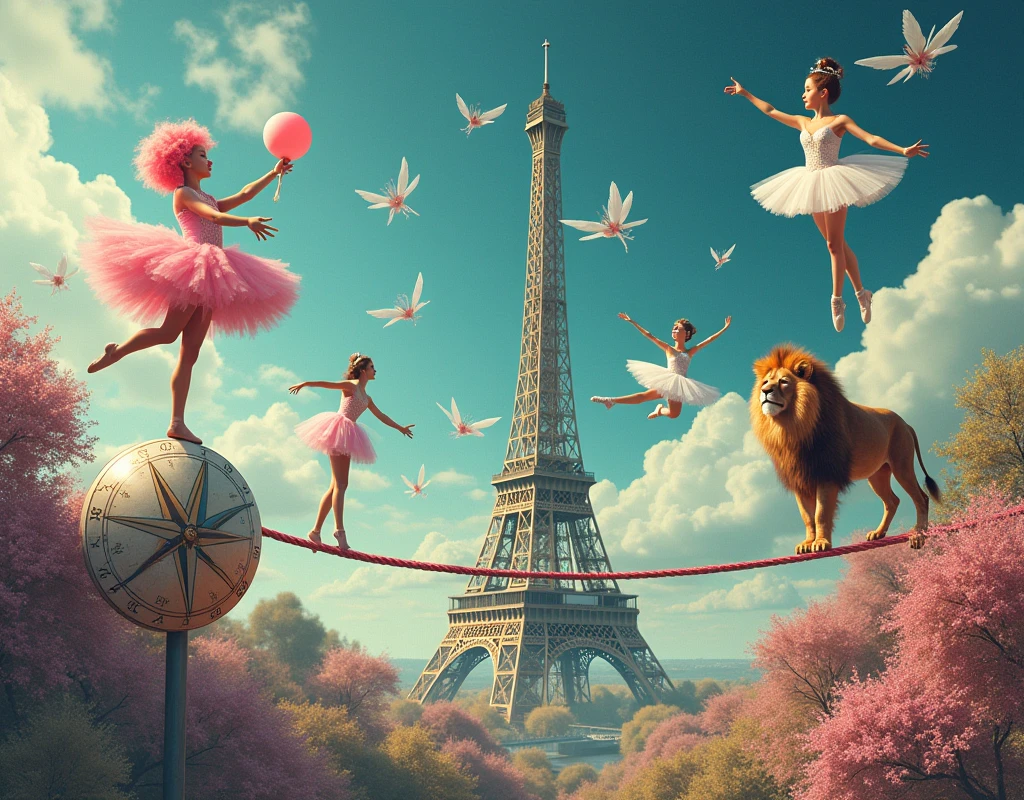 Cotton candy clown, compass ballerina, giraffe on trapeze, Eiffel Tower ballerina, lion tightrope walker, Surreal Scene