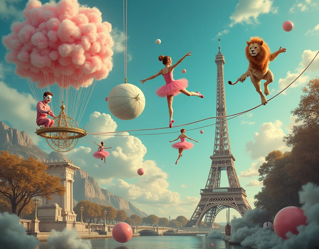 Cotton candy clown, compass ballerina, giraffe on trapeze, Eiffel Tower ballerina, lion tightrope walker, Surreal Scene