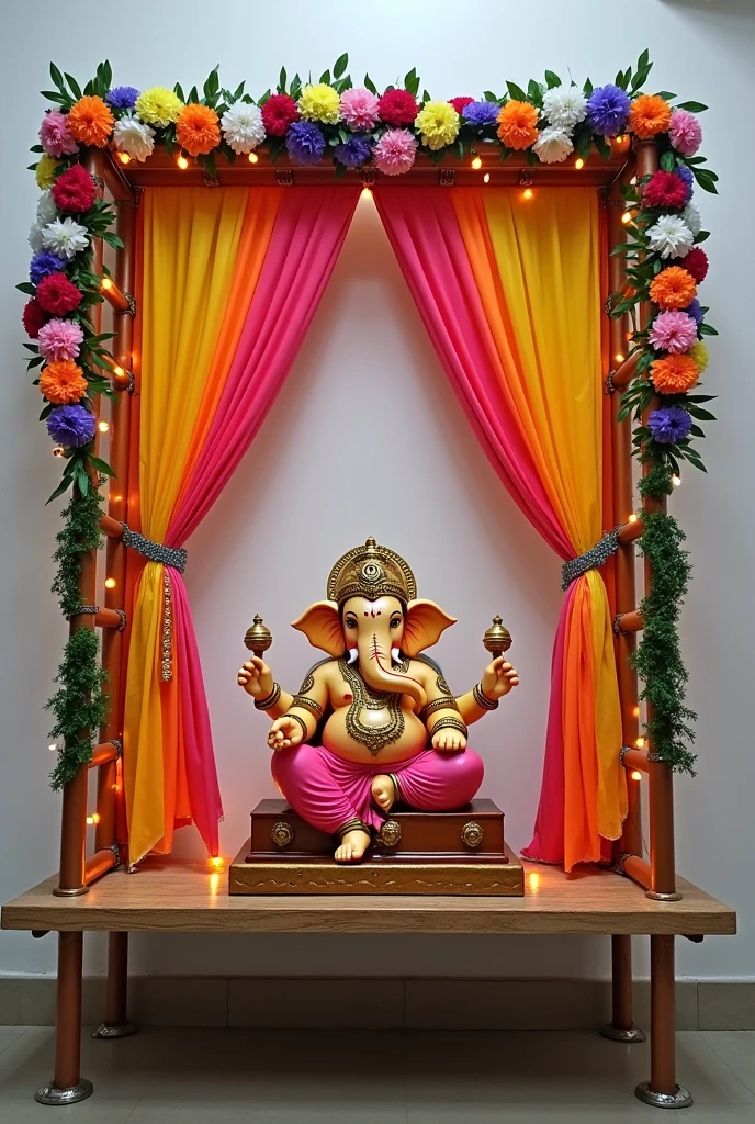 In the background of Ganapati decoration , build a structure with the help of pvc pipes as square shape frame and in the pvc square create circle which is smaller than pvc frame . And decorate the all design with the help of artificial flowers, LED light series. Size of circle is 2 ft and pvc frame size is 3 ft .My background wall colour is white and all Decorate the top of the PVC pipe and apply colorful cloth on the inner circle and decorate with flowers and garlands and decorate with LED lights inside the inner circle. All this decoration is done on a board which is 2 ft raised from the ground and the board has four bases. .Generate picture I'm giving the all measurements plz create accordingly that , and the ganesha murti is up to 1.5 to 2 ft big ,The PVC pipe will be stuck to the wall above the table and the small round one will be stuck inside the PVC pipe and Ganapati murti will be in front of the decoration. Table is as larger as width of frame , the pvc frame is thinner size is 1.5 to 2 inch add Place curtains over the PVC pipe and make a design on the circle