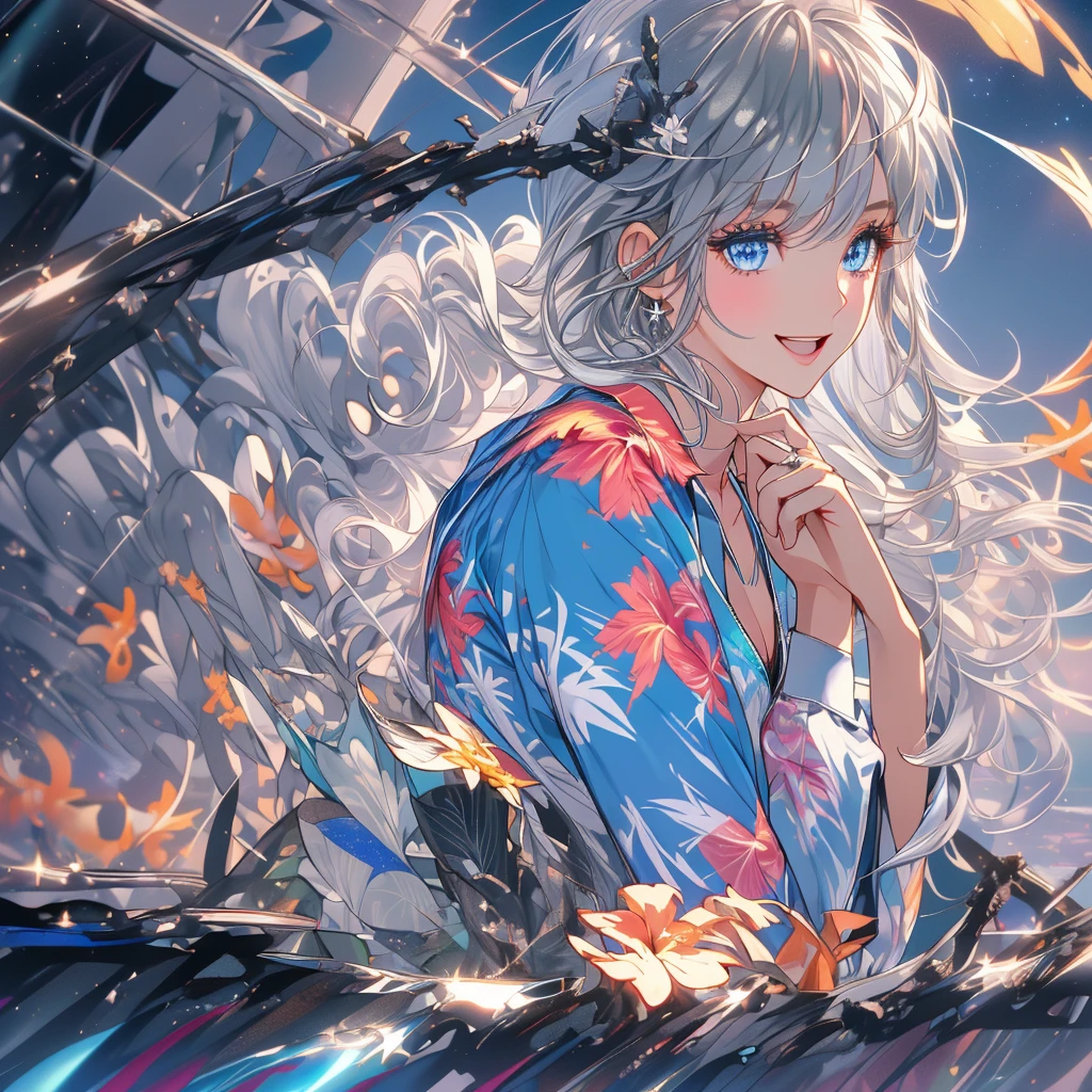 (Best quality,4K,8K,High resolution,Masterpiece:1.2),Super detailed,(Actual, Realistic),highly detailed, top quality, soft skin,Portrait,
break,
((clear blue eyes:1.2)),smiling eyes,beautiful eyelashes,beautiful lower eyelashes,
break,
((Beautiful and shiny silver hair:1.3)),A dazzling smile, a bursting smile, an open mouth laugh,
break,
very happily,
break,
((beautiful aloha shirt:1.3)),((wearing a beautiful bikini inside:1.3)),
break,
((beautiful night sky:1.3))