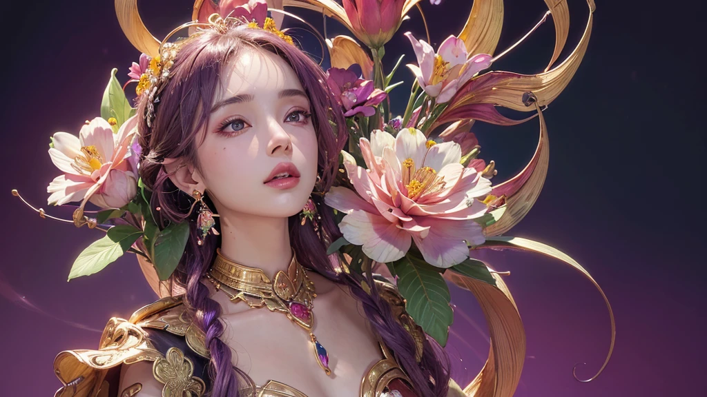 32K, 最高quality, 最高masterpiece, (ultra-Detailed Background, Detailed Background), High resolution, Super detailed, Very detailedな, 1 personの, (bouquet:1.3), (Tangled:1.2), (Geometric:1.2),(colorful),(masterpiece, quality, best quality, Official Art, Beautiful and beautiful:1.2), (1 person:1.3), Very detailed,(colorful:1.1)(Flowers:1.3),Most detailed,(Tangled:1.2), whole body, (Abstract background:1.3), (Skin glows), (Many colors:1.4), ,(Earrings Jewelry:1.5), Purple-red pale background, It's imaginative., Milk tea colored hair,