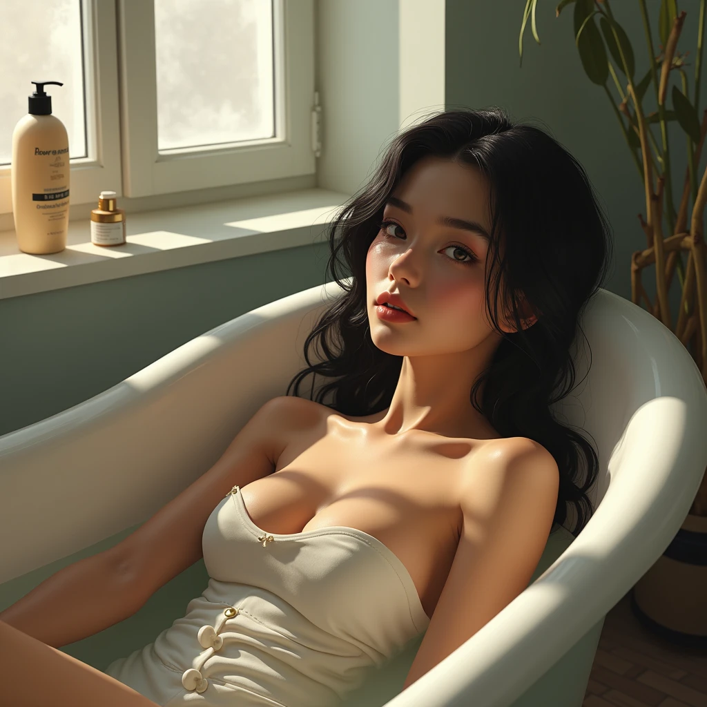 (photorealism:1.5), beautiful woman, slim body, really slim body, , small eyes, makeup, laying in the bathtub, naked, long black wavy hair, indoors, soft lighting, shampoo in the background, window with sunlight, cozy bathroom, relaxed pose, smooth skin, slim body, perfect body, perfect face, detailed face, realistic, intricate details, cold colors, her name is Abby, by Greg Rutkowski, by Alphonse Mucha