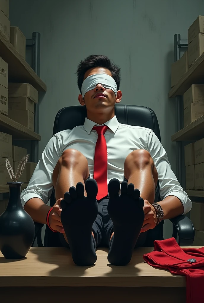 Malaysia malay handsome 21 years motocycle rider 
His hand tied up  in warehouse 
Blindfolded
Black vase and Red tie
feet on desk
feather
shoes on desk 
5 toes each feet 
Black sock
Smock effect smelly sock
2 man holding feather tickle his feet
He laugh very hard

