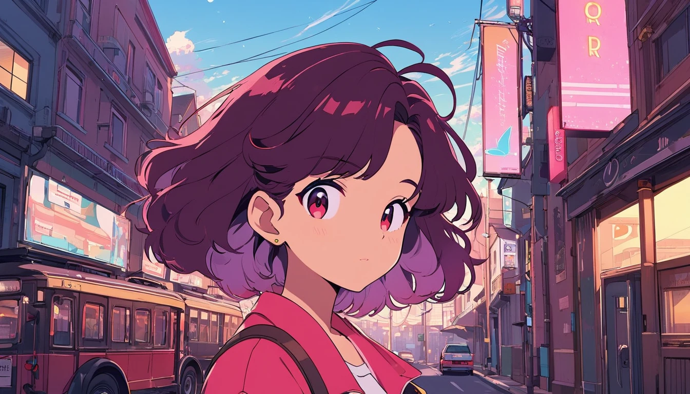 alone, LOFI Girl, ロフィartstyle, ロフィart, city, town, Anime Girls, 80s anime style, Retro, Lo-Fi, masterpiece, Highest quality, (Highly detailed CG Unity 8k wallpaper), (Highest quality), (Best illustrations), (Best Shadow), Absurd, Realistic lighting, (abyss), Beautiful sparkle, art：PeterMohrBacher,