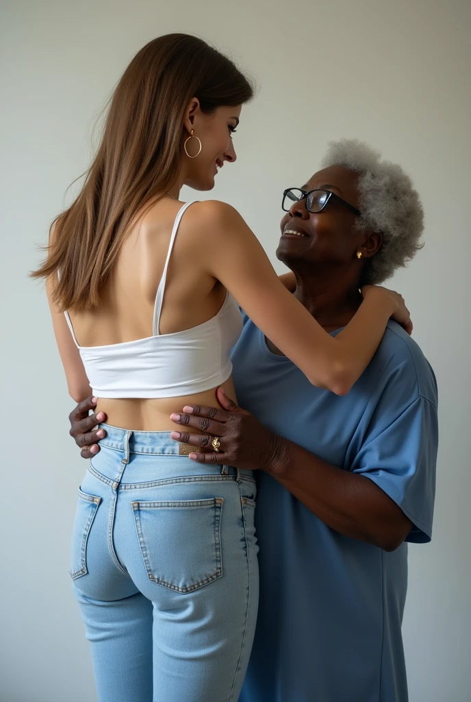 Create a photo of a 20 year old young woman, with a slender and beautiful body, wearing a white tank top and gray sweatpants, with white and clear skin, with long light brown hair, scared while having her hair pulled and being assaulted by a nervous 90 year old elderly lady, obese, dark black skinned, who wears glasses and a blue dress 