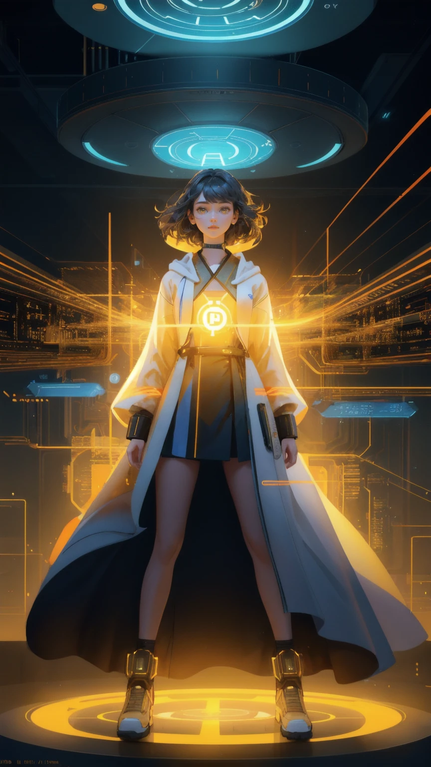 An imaginative concept art depicting a beautiful girl, split into two halves, standing at the center of a futuristic time machine portal. One half of the girl appears in a glowing digital cybernetic form, covered with network lines and a Bitcoin symbol on her chest, representing the digital future. The other half is dressed in a traditional robe, symbolizing the past. The background features a vibrant yellow hue with various elements like floating Bitcoins and glowing digital circuits, capturing the essence of a time travel theme in a technologically advanced city. The scene is vibrant and dynamic, conveying a sense of transition between two worlds, with no text included