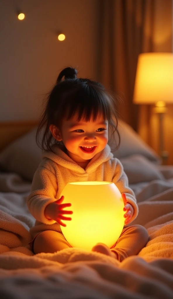 Create UHD photorealistic realistic image, no animation, no 3D image, no Pixar style, of a 24-month-old girl with a bright smile, holding a glowing lantern. The background is a warm, cozy room with soft lighting. Photo taken with a high professional camera, capturing every detail with perfect lighting.
