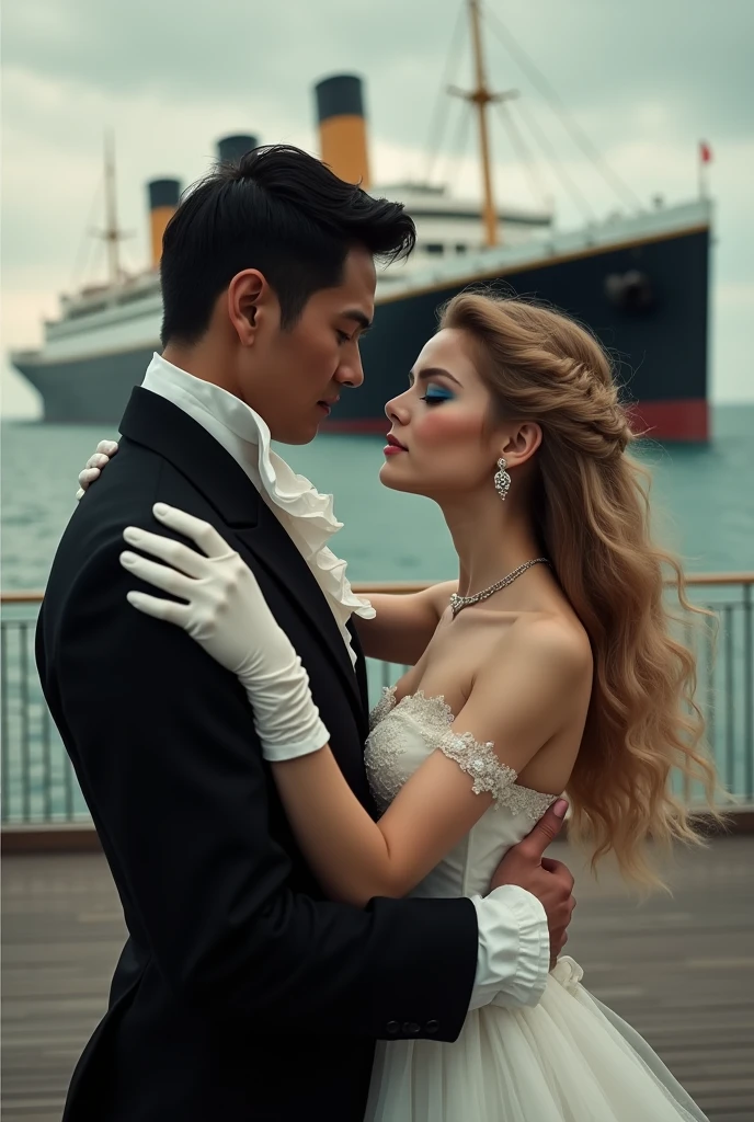 Realistlic photo of dancing couple of Titanic movie 1997 era vintage photo couple between Fictional man as Asian looking South Korean man as 40 years old and wearing black outfit as France Sun king Louis XVI era outfit have dyed black short hair and have titanc ship as backround is dancing couple of titanic ship with White European Estonian young adult 2 and 167 cm girl kärt with wearing dyed dull blonde very long wavy hair , have arched brown natural eyebrows , have square shaped face , have low cheekbones , have oily skin , have narrow upper lips , have lighted earth blue eyes and is wearing mermaid makeup with blue smokey eyeshadow and pink lipgloss in lips and is wearing White Moon minidress and white gloves