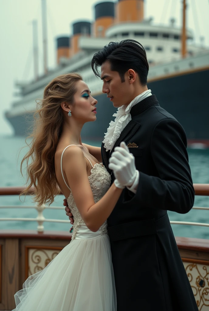 Realistlic photo of dancing couple of Titanic movie 1997 era vintage photo couple between Fictional man as Asian looking South Korean man as 40 years old and wearing black outfit as France Sun king Louis XVI era outfit have dyed black short hair and have titanc ship as backround is dancing couple of titanic ship with White European Estonian young adult 2 and 167 cm girl kärt with wearing dyed dull blonde very long wavy hair , have arched brown natural eyebrows , have square shaped face , have low cheekbones , have oily skin , have narrow upper lips , have lighted earth blue eyes and is wearing mermaid makeup with blue smokey eyeshadow and pink lipgloss in lips and is wearing White Moon minidress and white gloves
